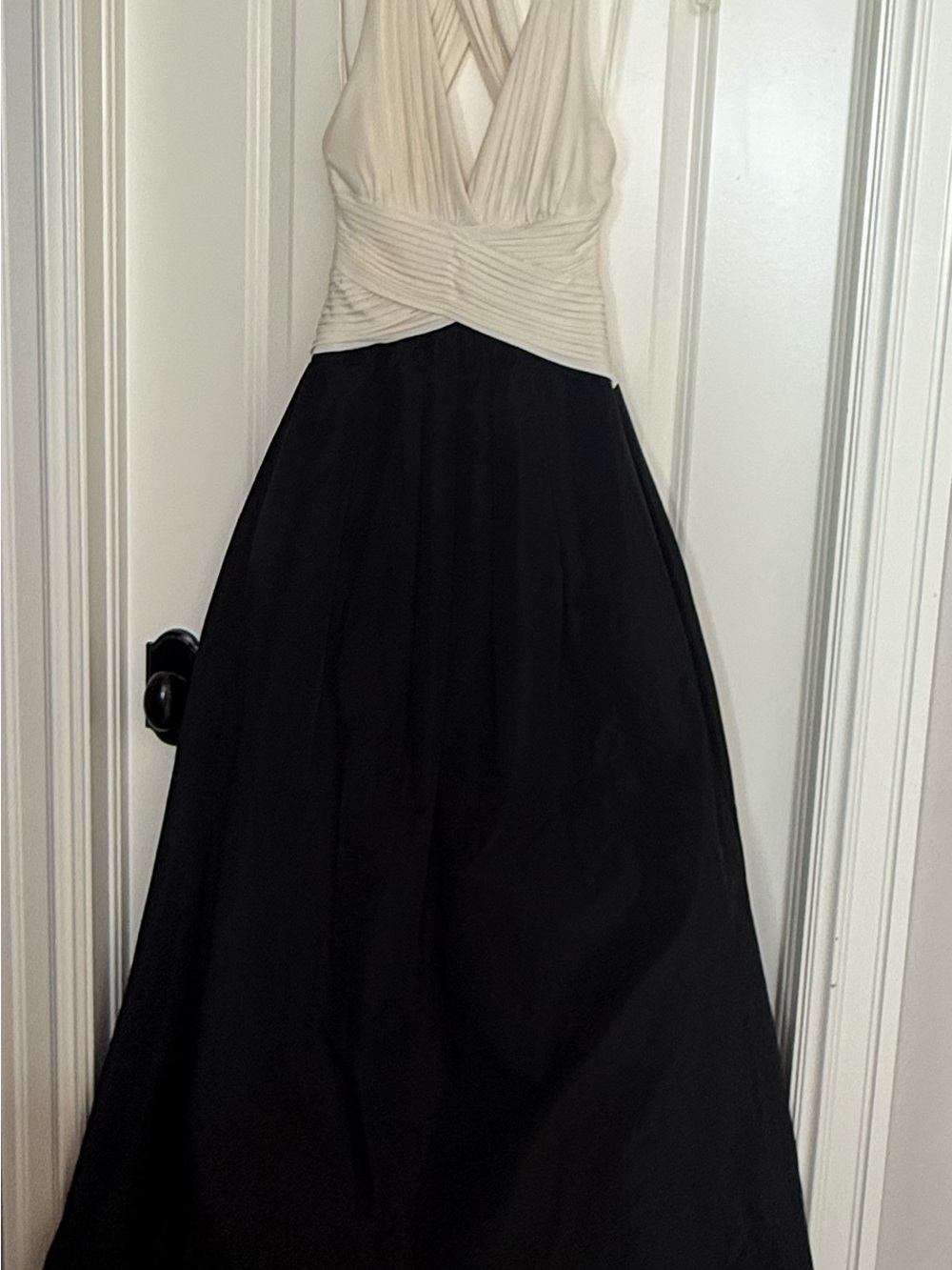 BCBGMaxAzria Two-Tone V-Neck Gown in Cream and Black